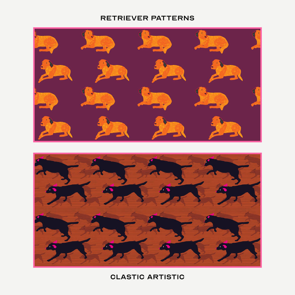 Top: Fox-red Labradors on old mauve, Bottom: Dark navy Labradors running over-grained texture
