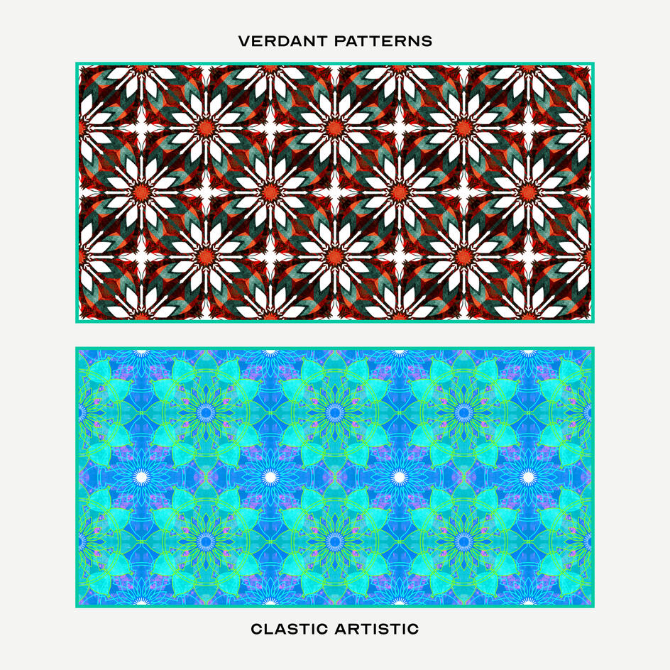 Top: Daisies against viridian and orange knots, Bottom: Turquoise glass flowers with lime outlines