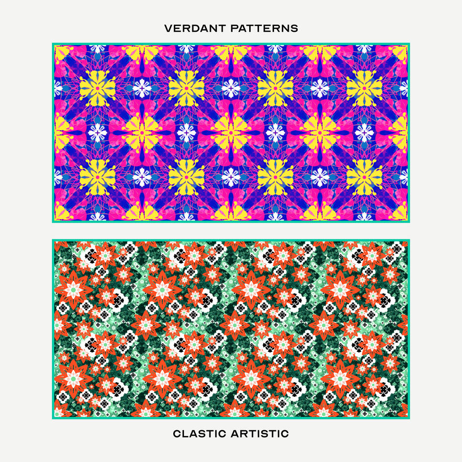 Top: Yellow, fuchsia and white flowers on violet, Bottom: Orange and white florals against overgrowth