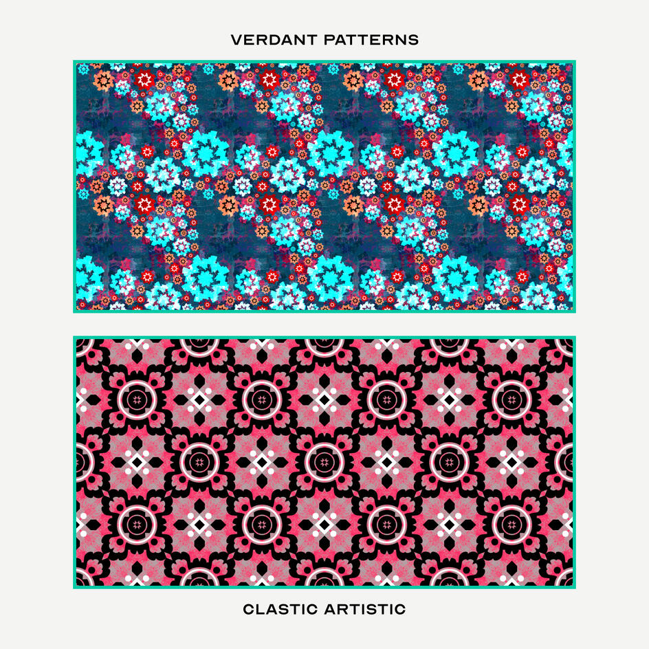 Top: Cyan, red and orange floral spray on navy, Bottom: Monochrome floral outlines on rose pink