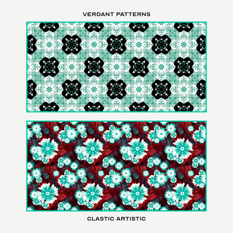 Top: Black and white florals against brushed seafoam, Bottom: Turquoise blooms against burgundy stone