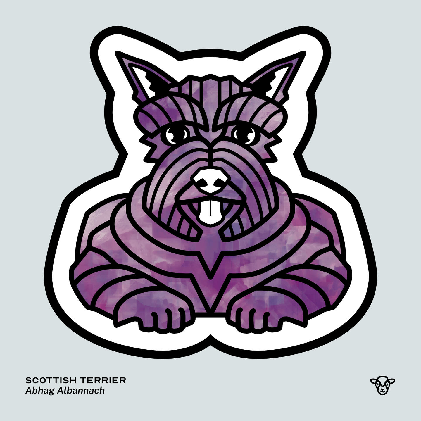 Stylised vector illustration of a Scottish Terrier (Dog) with an violet and lilac rough texture facing towards the viewer, English text: Scottish Terrier, Scottish Gaelic text: Abhag Albannach ©Clastic Artistic