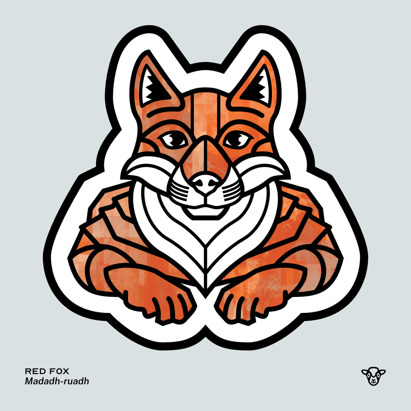 Stylised vector illustration of a Red Fox with an red and grey painterly texture facing towards the viewer, English text: Red Fox, Scottish Gaelic text: Madadh-ruadh ©Clastic Artistic