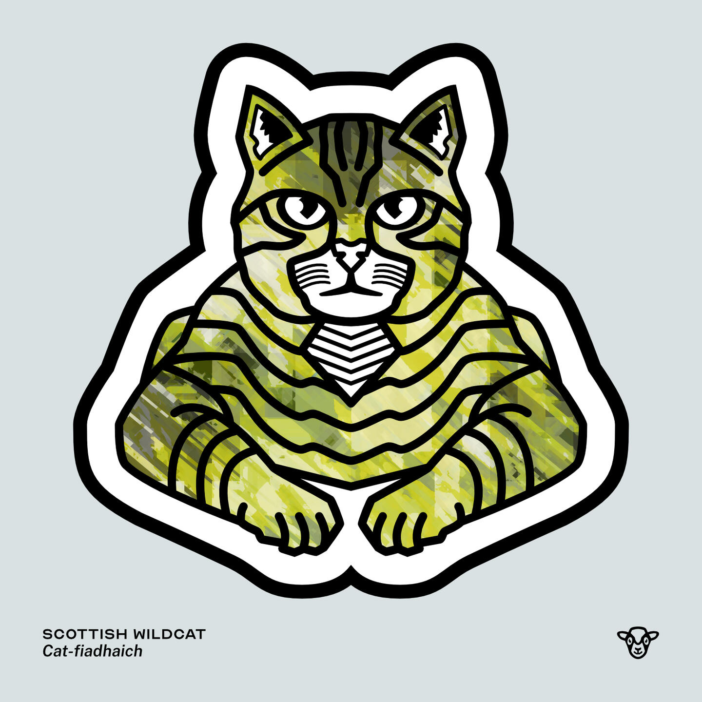 Stylised vector illustration of a Scottish Wildcat (Cat) with a green jagged texture facing towards the viewer, English text: Scottish Wildcat, Scottish Gaelic text: Cat-fiadhaich ©Clastic Artistic