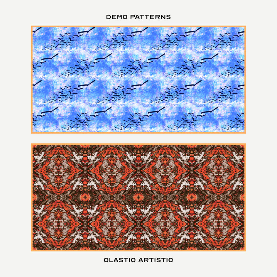 Top: Birds flying against a glitched azure cloudy sky, Bottom: Orange diamond surrounded by abstract skulls and dragon faces