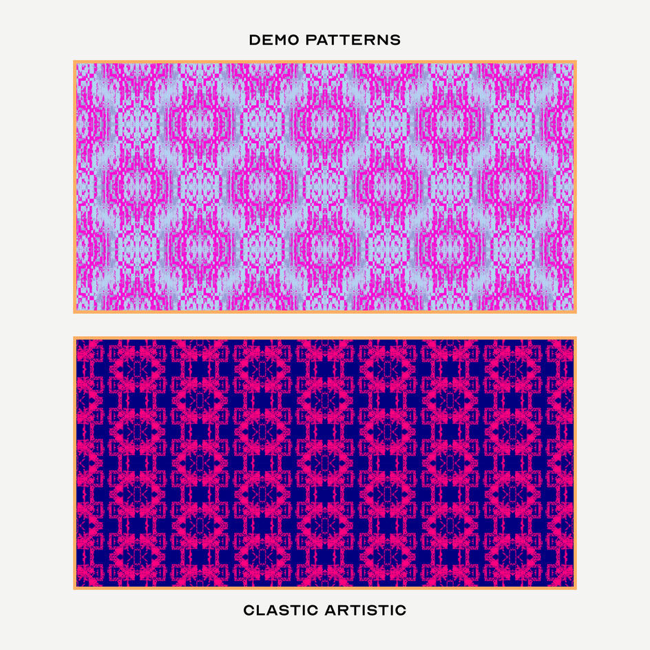 Top: Bright pink glitches on blue-grey, Bottom: Cerise zips against indigo