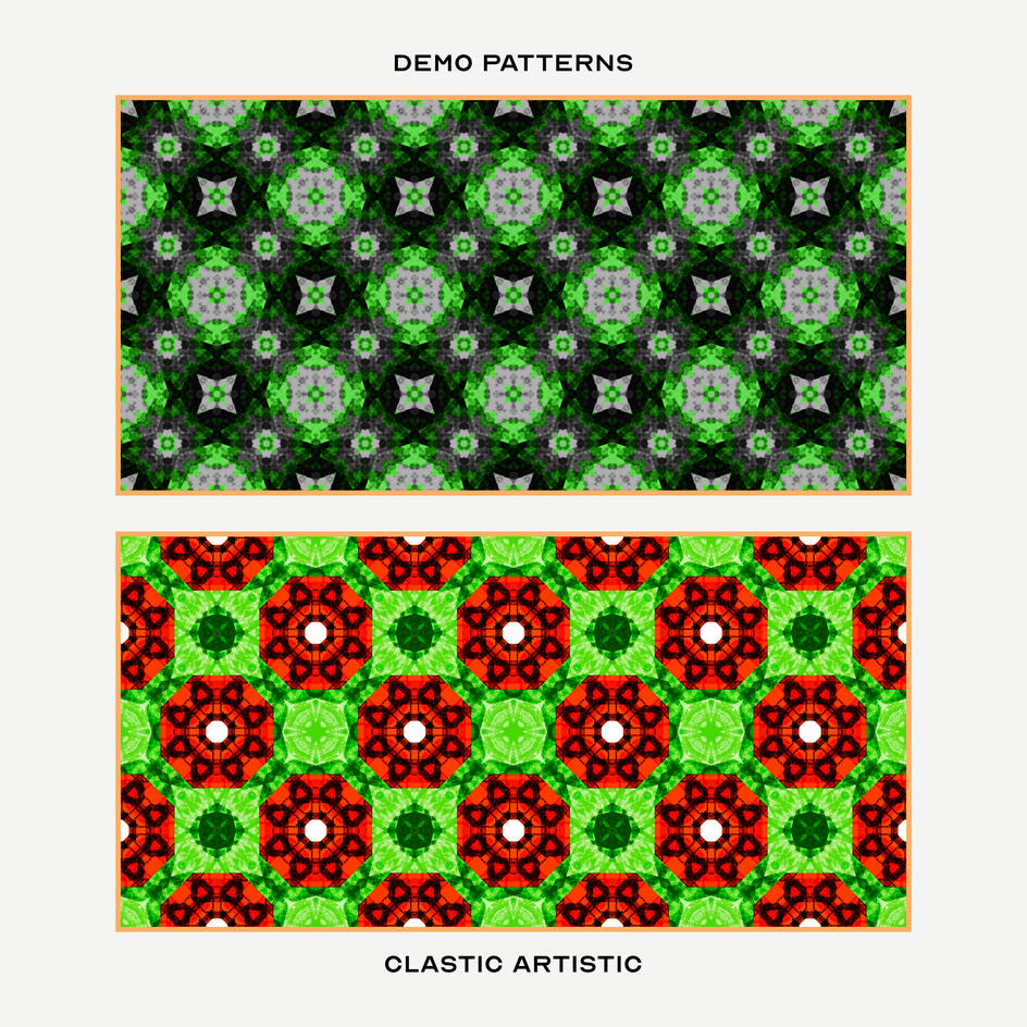Top: Lime and grey corals, Bottom: Red-orange octagon petals against lime tiles