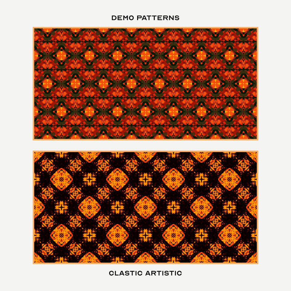 Top: Pumpkin orbs and chandeliers against dark olive, Bottom: Molten squares and motifs chequered on dark brown
