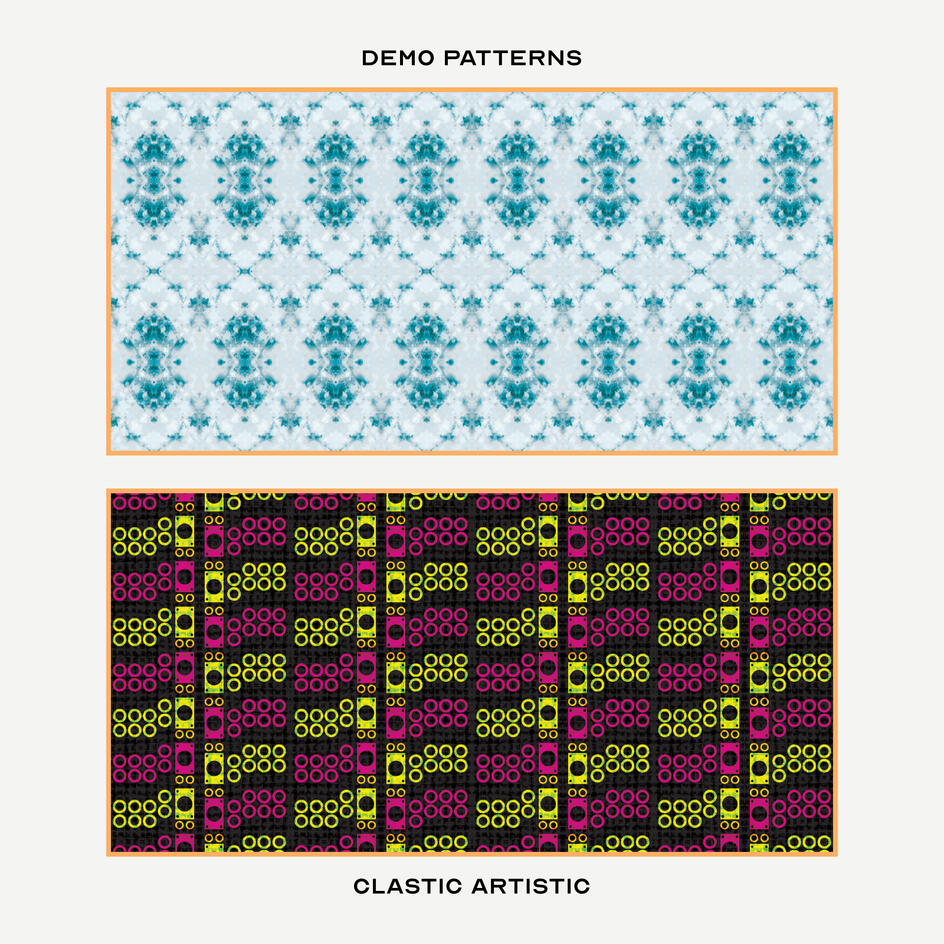 Top: Dark cyan diamonds crosses against ice grey, Bottom: Lime and magenta arcade circles against black hatching