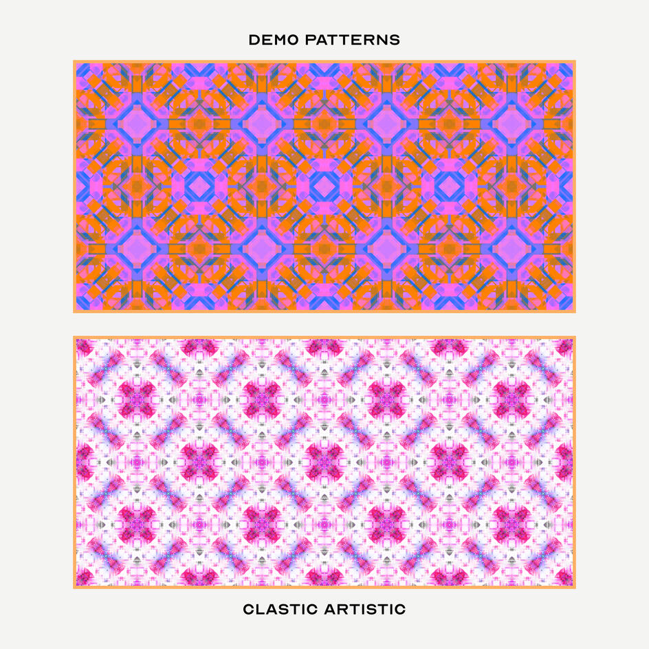 Top: Mauve squares and tangerine octagons, Bottom: Magenta crosses against white metal