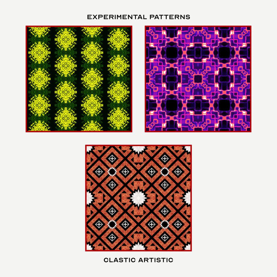 Top Left Pattern: Drybrushed lime discs overlapping deep green, Top Right Pattern: Orange energy outlines against violet squares, Middle Pattern: Geometric burnt orange tiles with stars