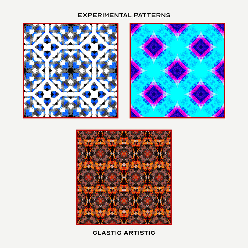 Top Left Pattern: Cobalt and white mosaic against grey, Top Right Pattern: Fuchsia octagons and violet squares against cyan, Middle Pattern: Gunmetal florals between fiery points