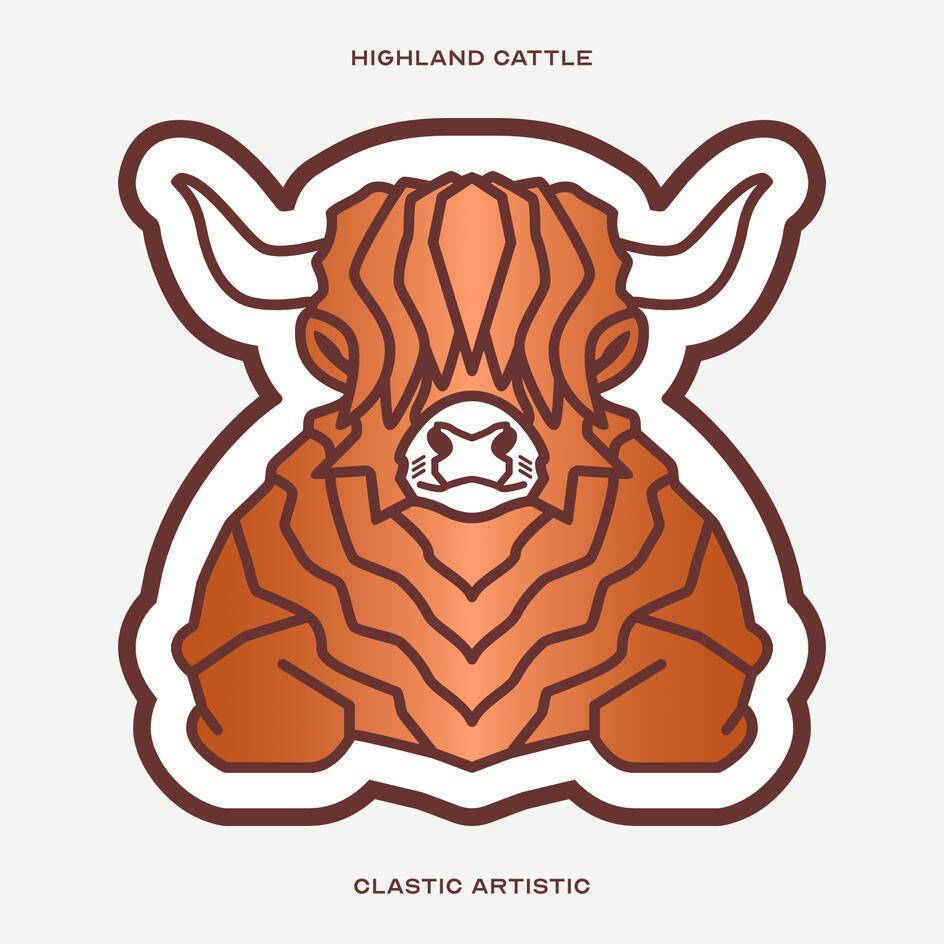 Stylised vector illustration of a Highland Cow facing towards the viewer