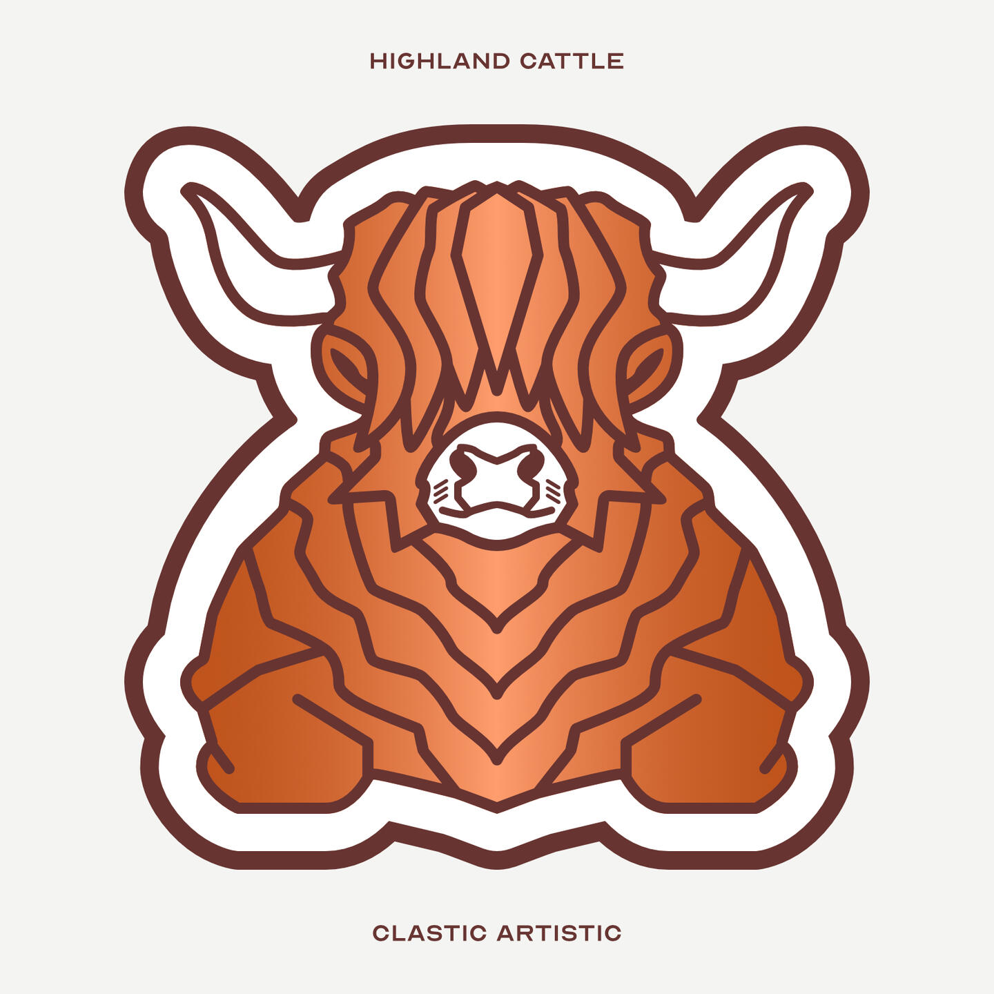 Stylised vector illustration of a Highland Cow facing towards the viewer