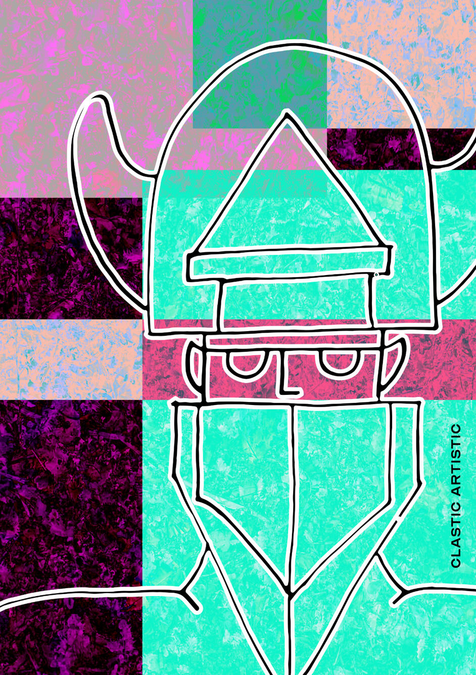 Stylised geometric portrait of a black outlined figure against a cyan, pink and purple textured background