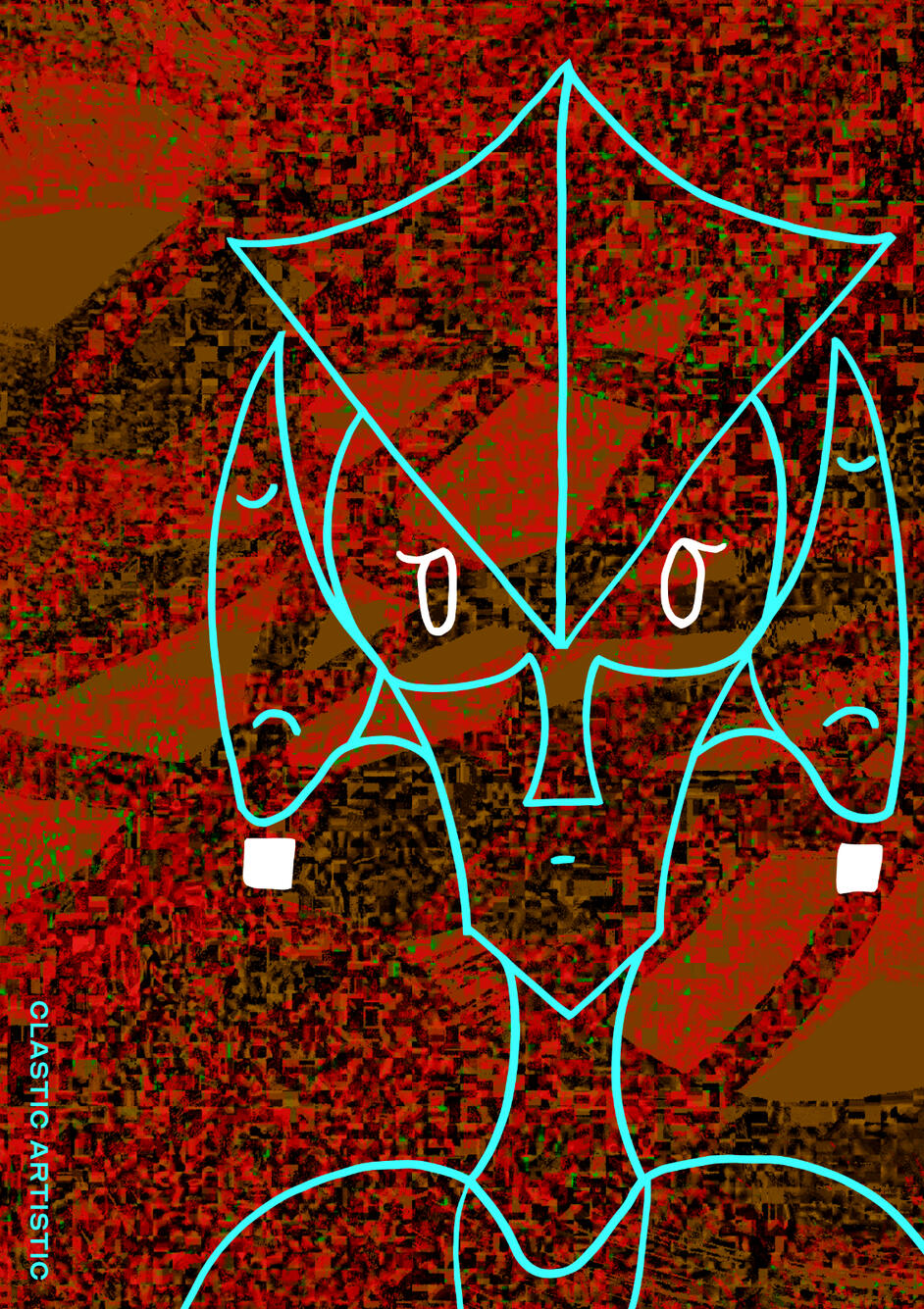 Stylised geometric portrait of a cyan outlined figure against a red, brown and green textured background