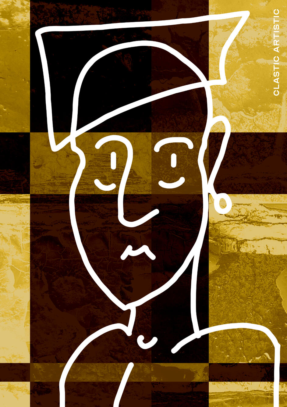 Stylised geometric portrait of a white outlined figure against a yellow and brown textured background