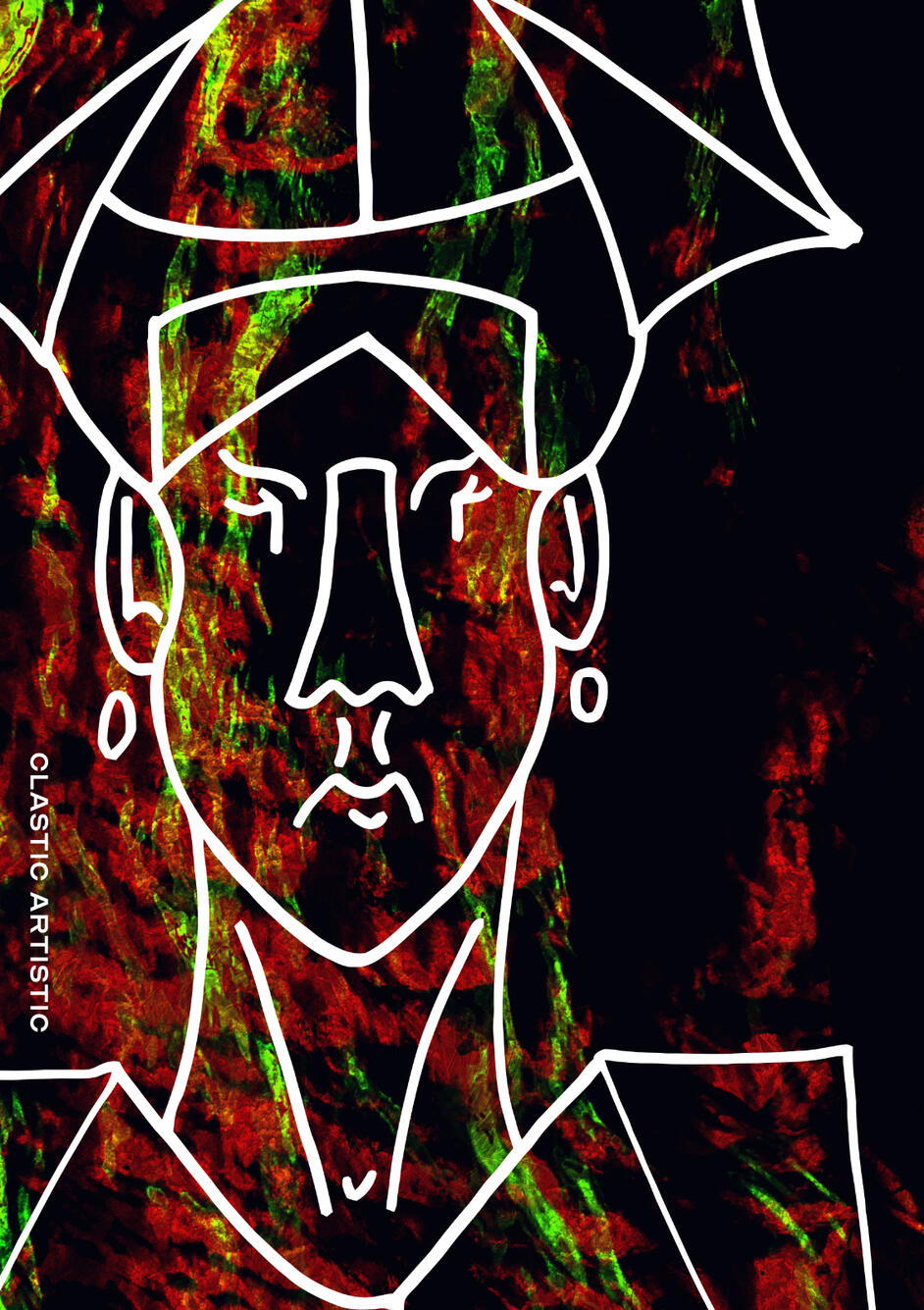 Stylised geometric portrait of a white outlined figure against a red, green and black textured background