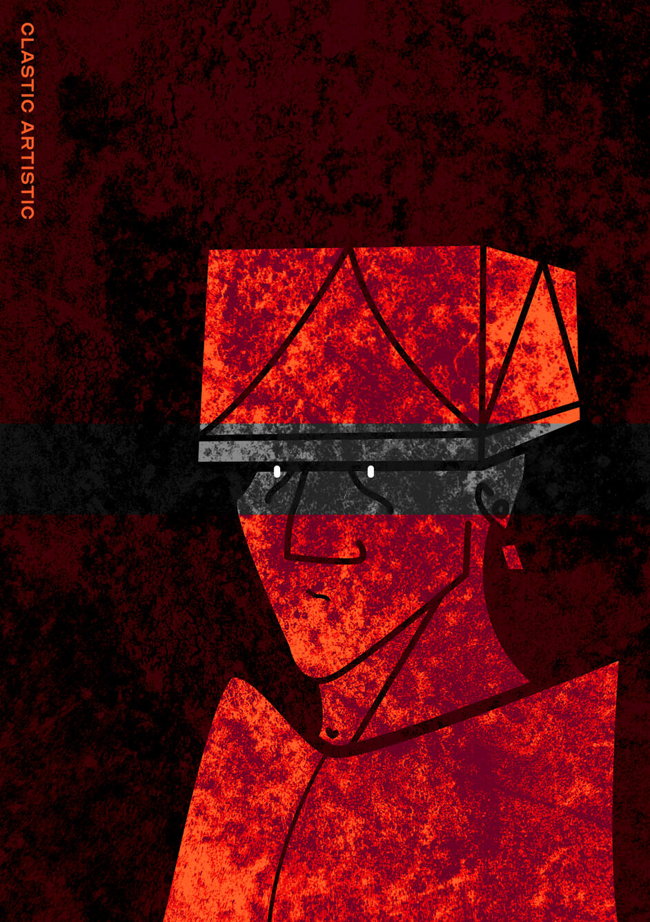 Stylised geometric portrait of an orange figure against a dark red textured background