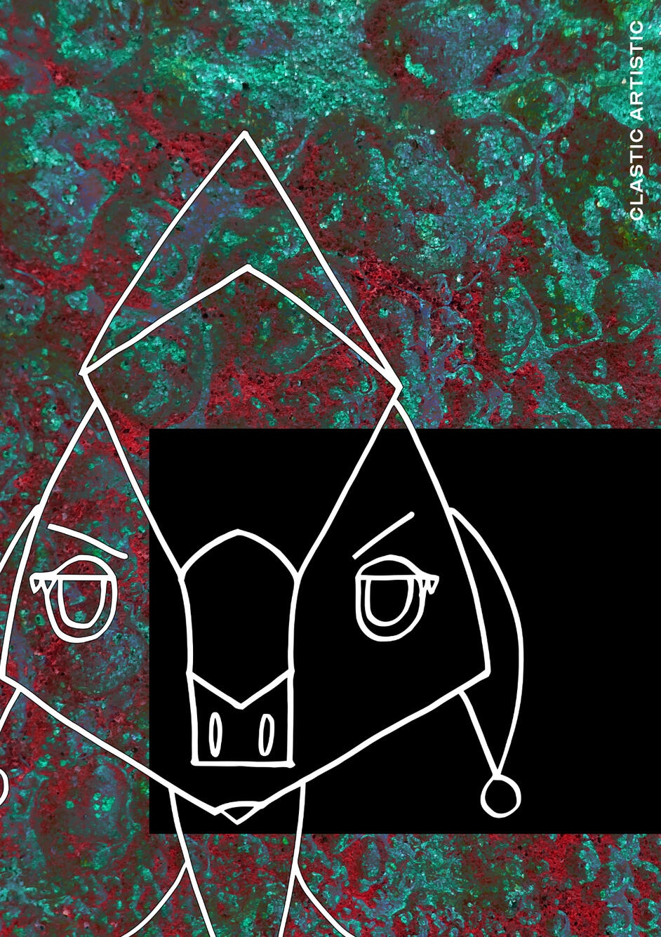 Stylised geometric portrait of a white outlined figure against a red, and turquoise textured background