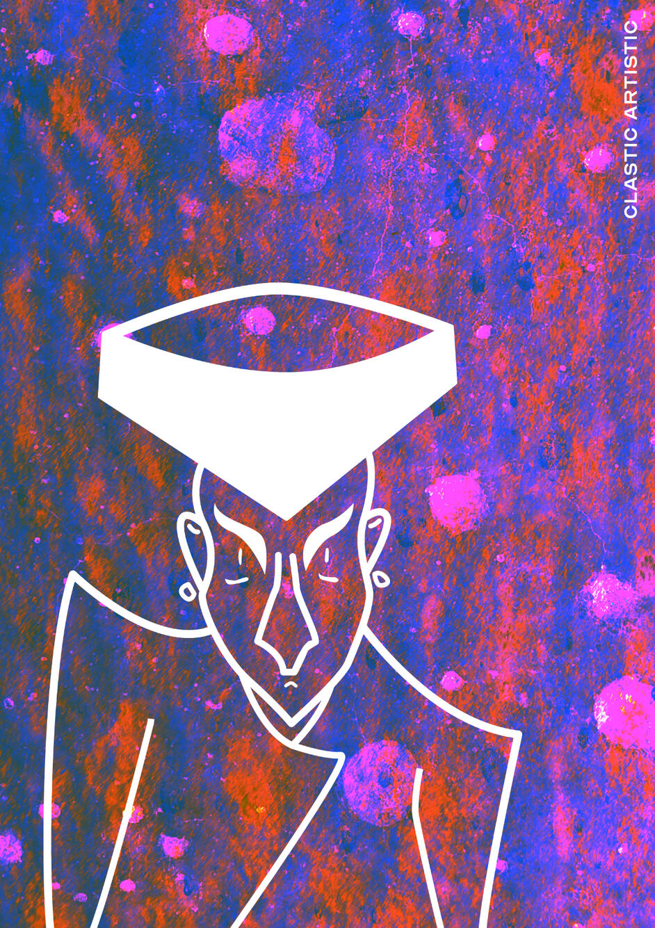 Stylised geometric portrait of a white outlined figure against a purple and red background