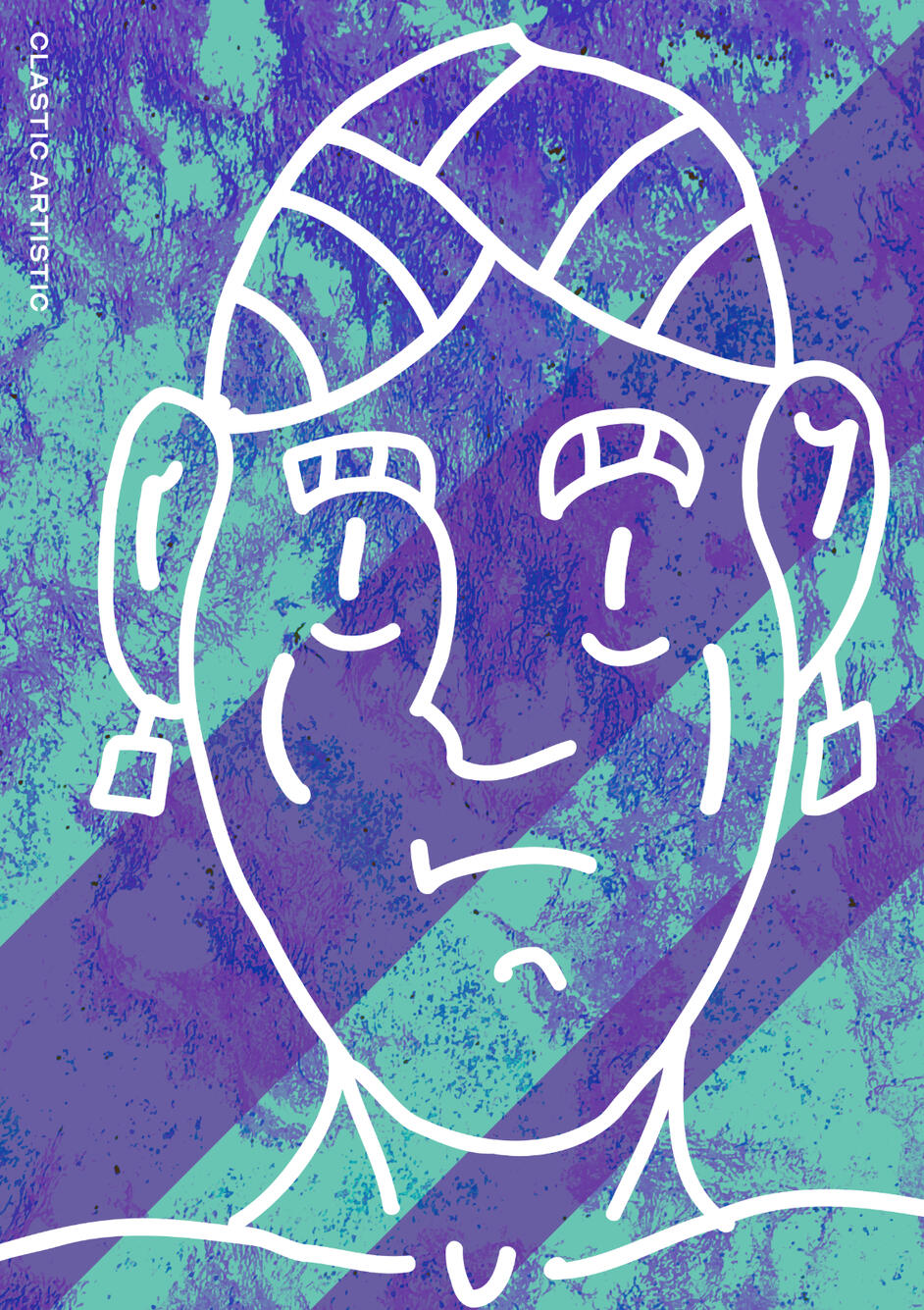 Stylised geometric portrait of a white outlined figure against a cyan and blue textured background
