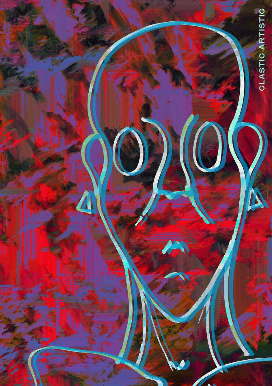 Stylised geometric portrait of a cyan outlined figure against a red and purple textured background