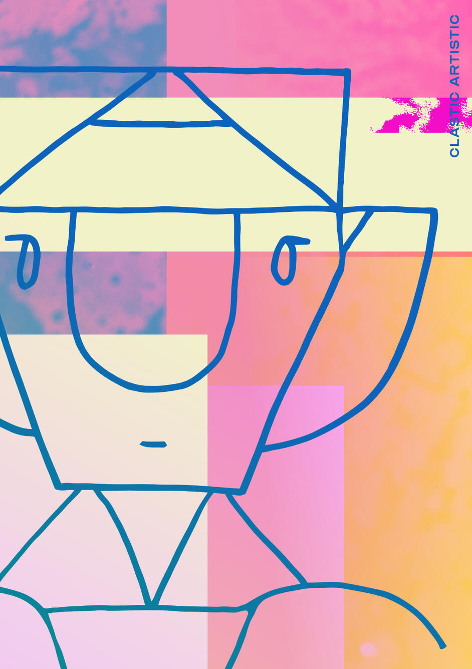 Stylised geometric portrait of a blue outlined figure against a pink, yellow and orange textured background