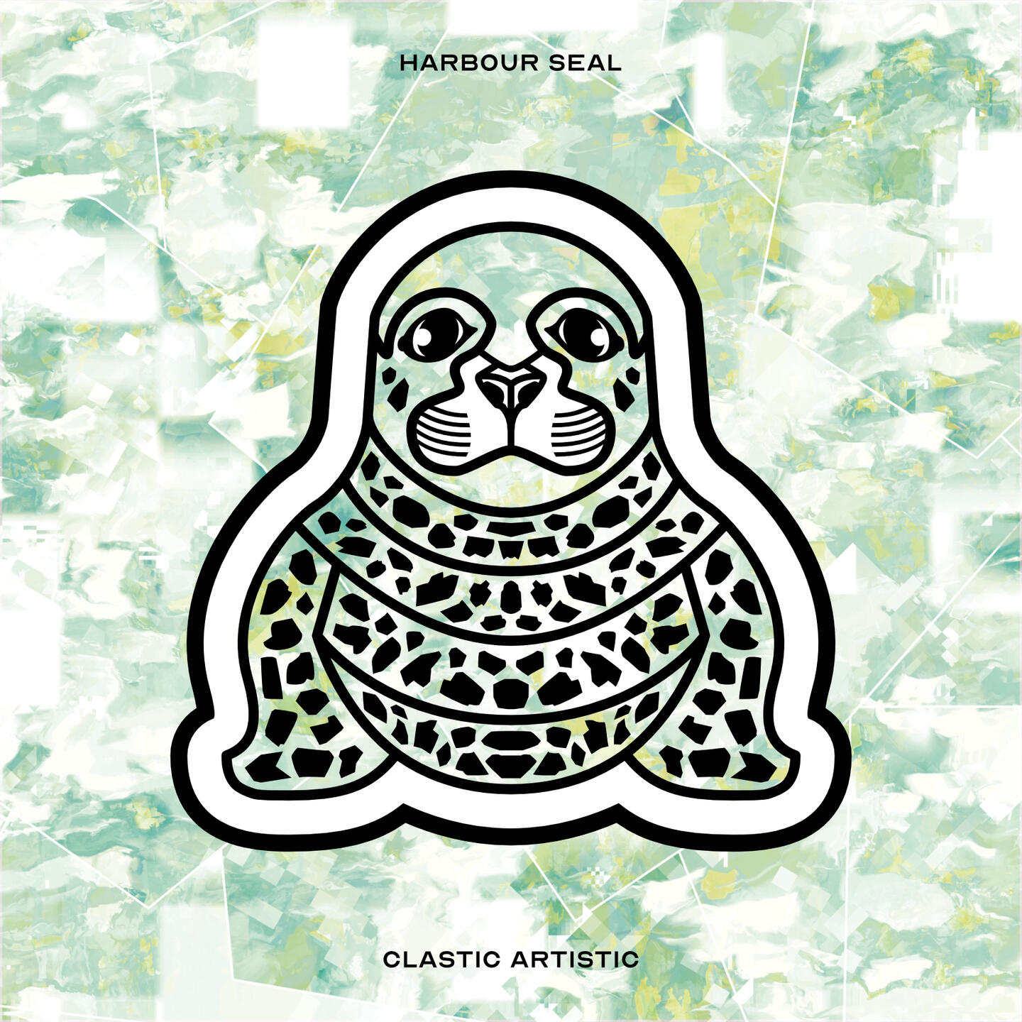 Stylised vector illustration of a Harbour Seal with a teal and white texture facing towards the viewer