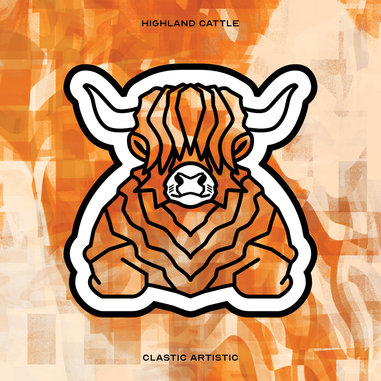 Stylised vector illustration of a Highland Cattle (Cow/Bull) with an orange and cream liquid texture facing towards the viewer