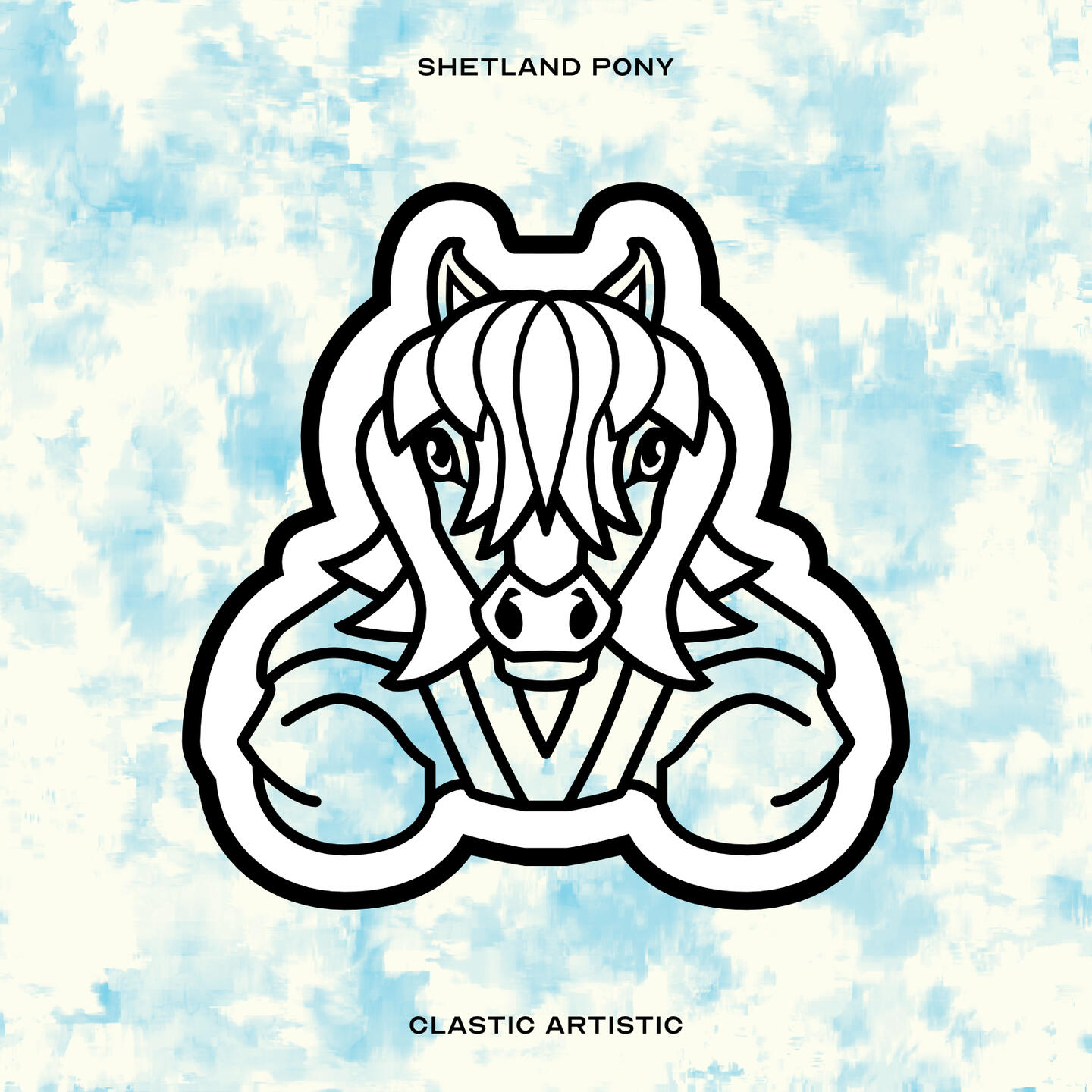 Stylised vector illustration of a Shetland Pony with a blue and cream texture facing towards the viewer