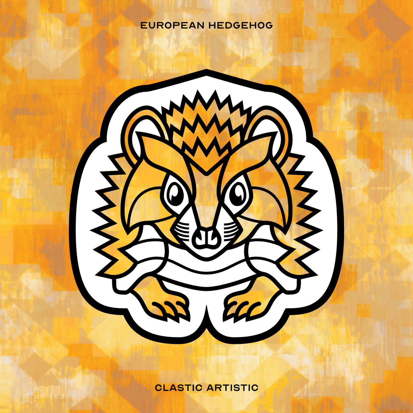 Stylised vector illustration of a European Hedgehog with a yellow and gold texture facing towards the viewer