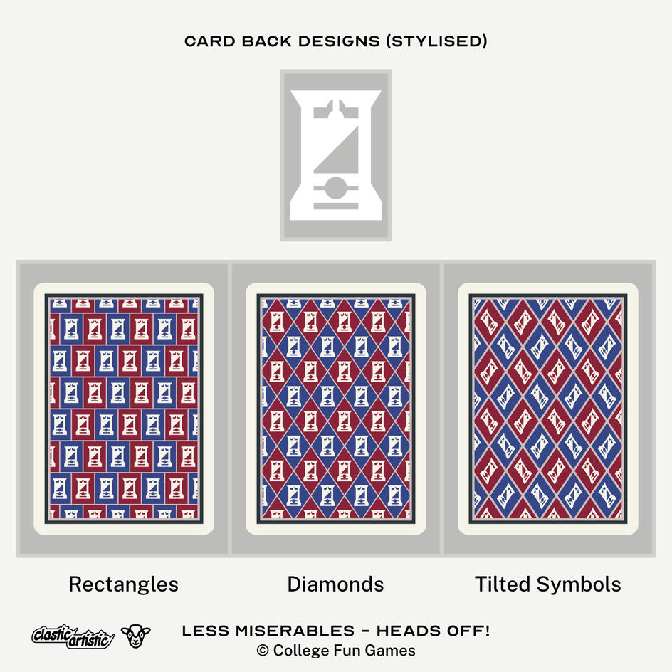 Images: Stylised guillotine designs. Top: Stylised guillotine vector, Left: Rectangle pattern, Middle: Diamond pattern, Right: Tilted symbols pattern. Text: Less Miserables - Heads Off! ©College Fun Games