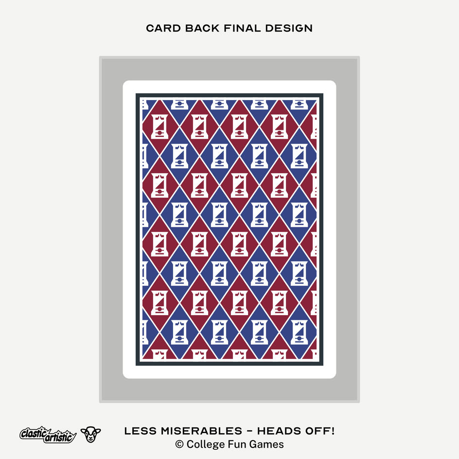 Image: The final design card back design for the Heads Off! game. Text: Less Miserables - Heads Off! ©College Fun Games