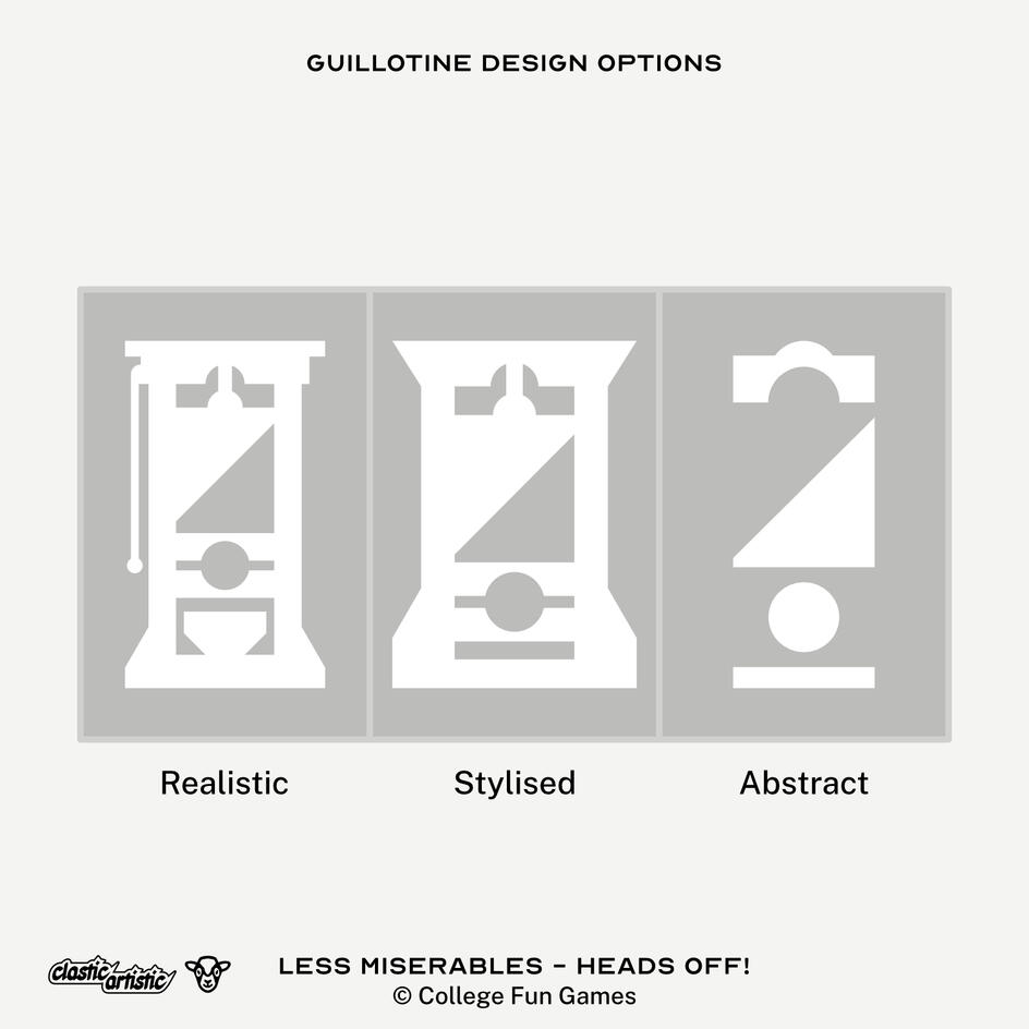 Images: Guillotine designs. Left: Realistic, Middle: Stylised, Right: Abstract. Text: College Fun Games ©College Fun Games