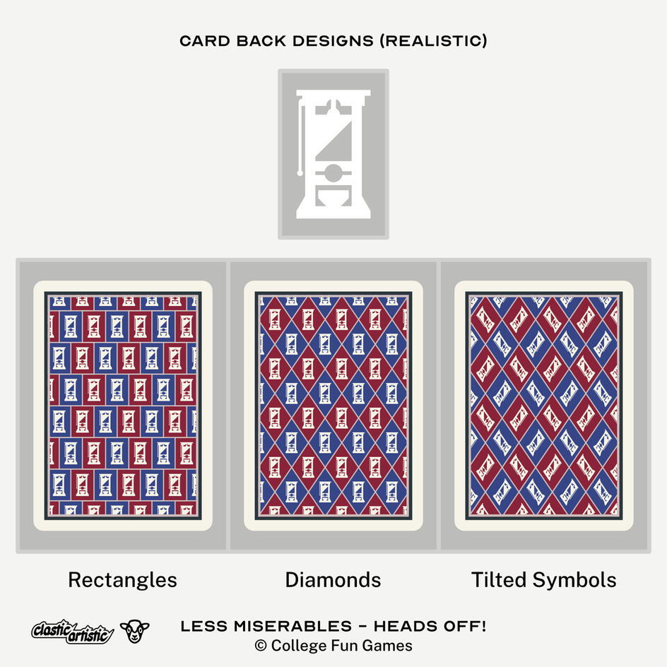 Images: Realistic guillotine designs. Top: Realistic guillotine vector, Left: Rectangle pattern, Middle: Diamond pattern, Right: Tilted symbols pattern. Text: Less Miserables - Heads Off! ©College Fun Games