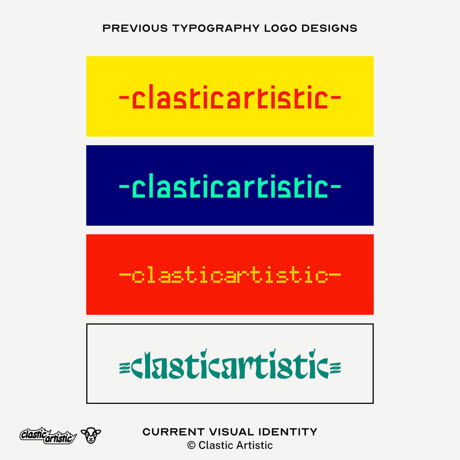 Image: Four previous typography logo designs. Text: Current visual identity ©Clastic Artistic