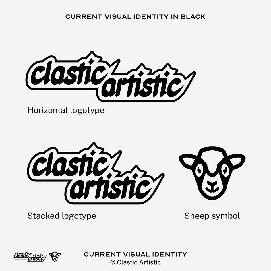 Image: Top: Horizontal logo type version, Bottom left: Stacked logotype, Bottom right: Sheep symbol. Text: Current visual identity ©Clastic Artistic