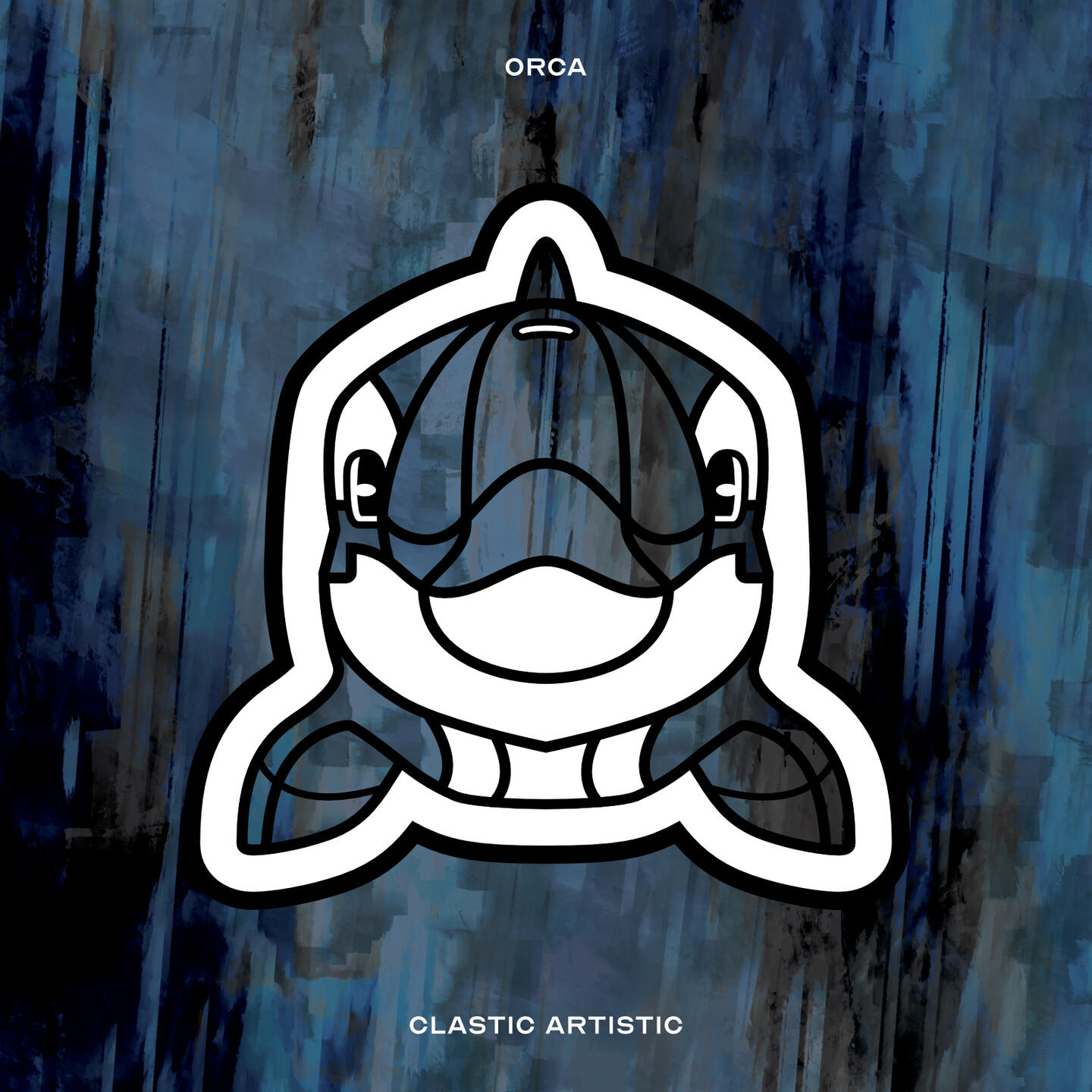 Stylised vector illustration of an Orca with a blue and black underwater texture facing towards the viewer