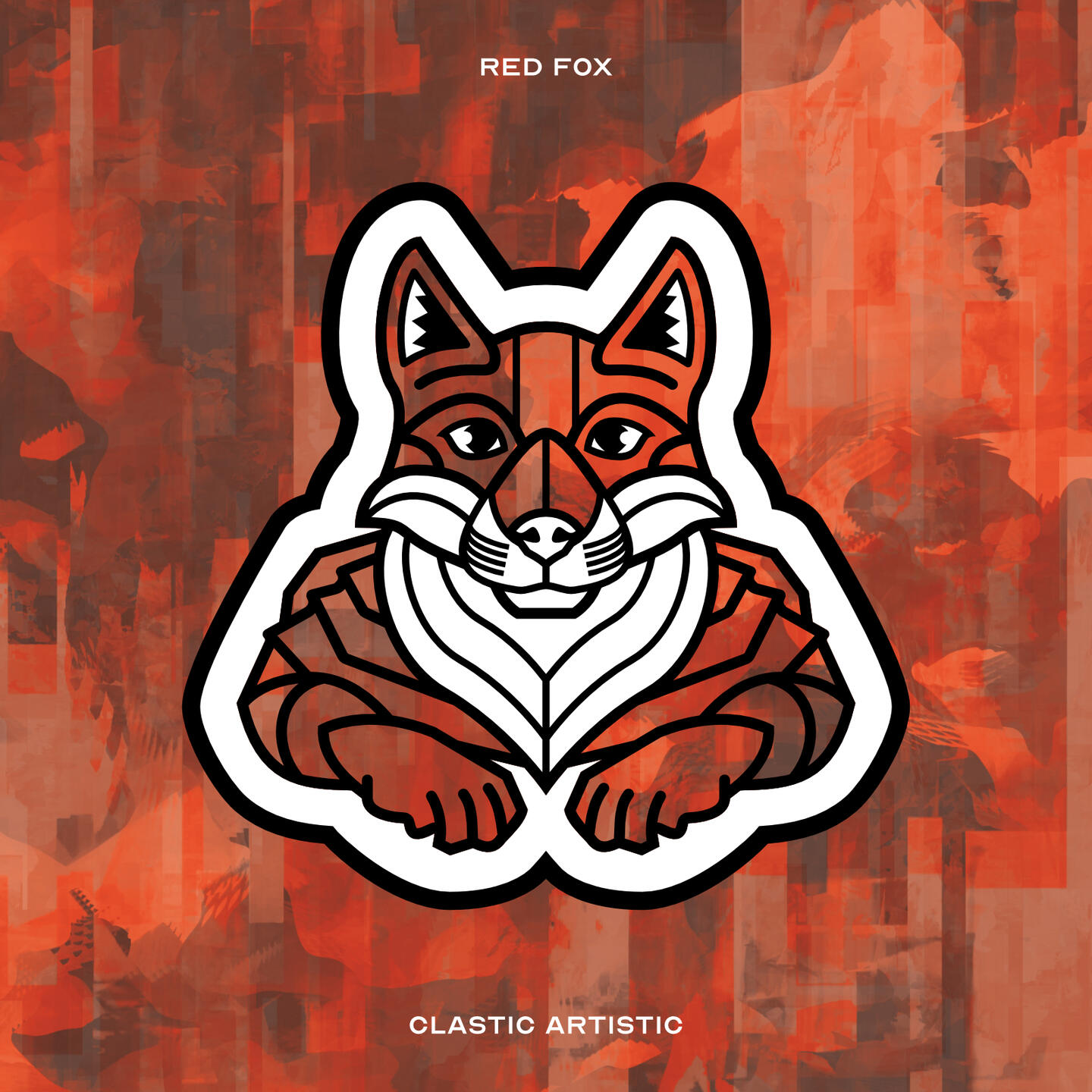 Stylised vector illustration of a Red Fox with an red and black painterly texture facing towards the viewer