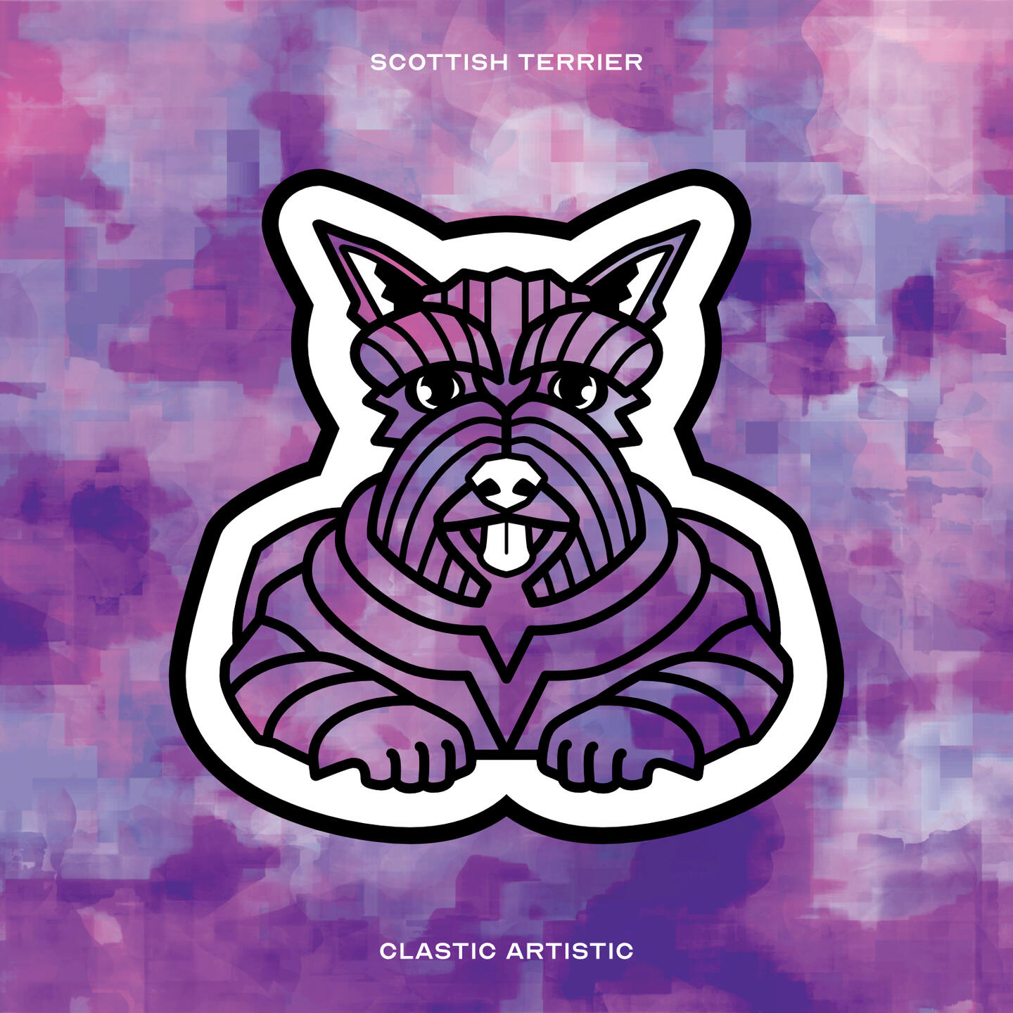 Stylised vector illustration of a Scottish Terrier (Dog) with an violet and lilac splatter texture facing towards the viewer