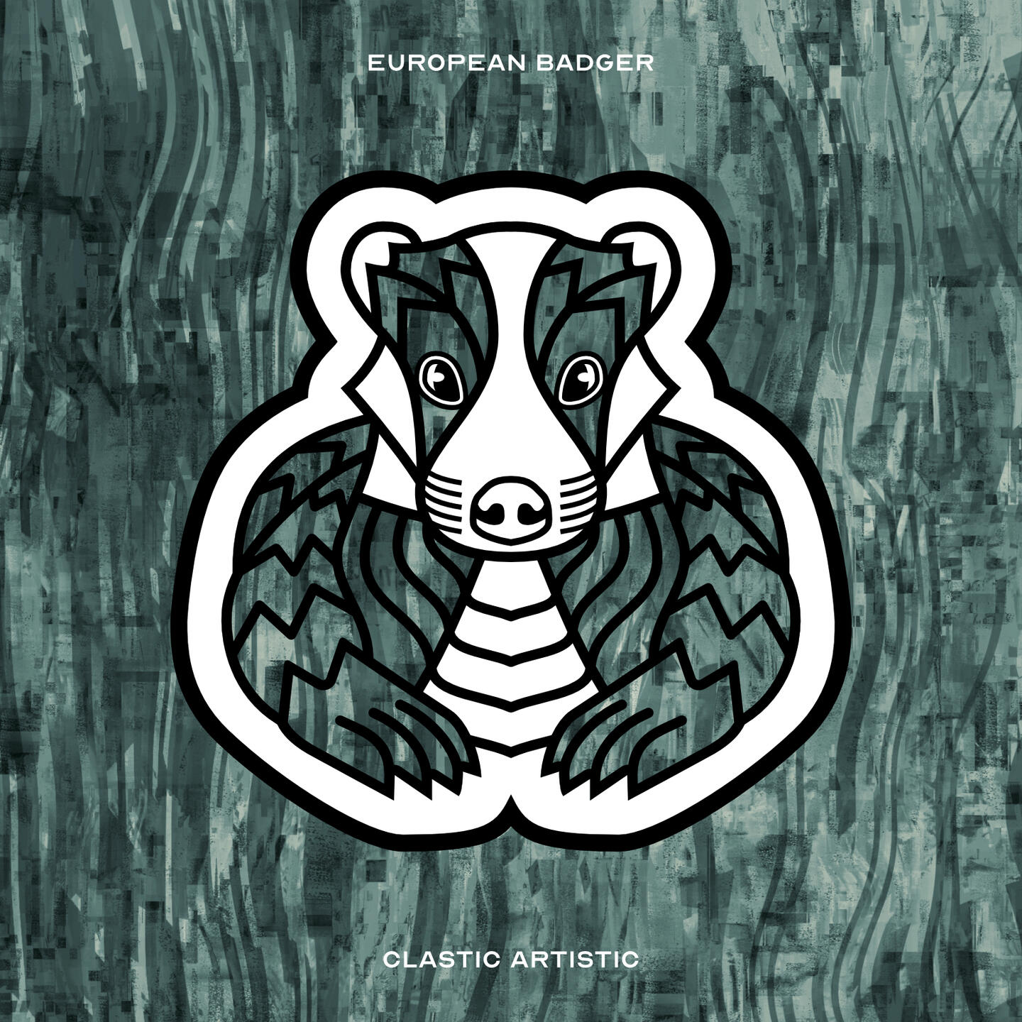 Stylised vector illustration of a European Badger with a dark green wavy texture facing towards the viewer