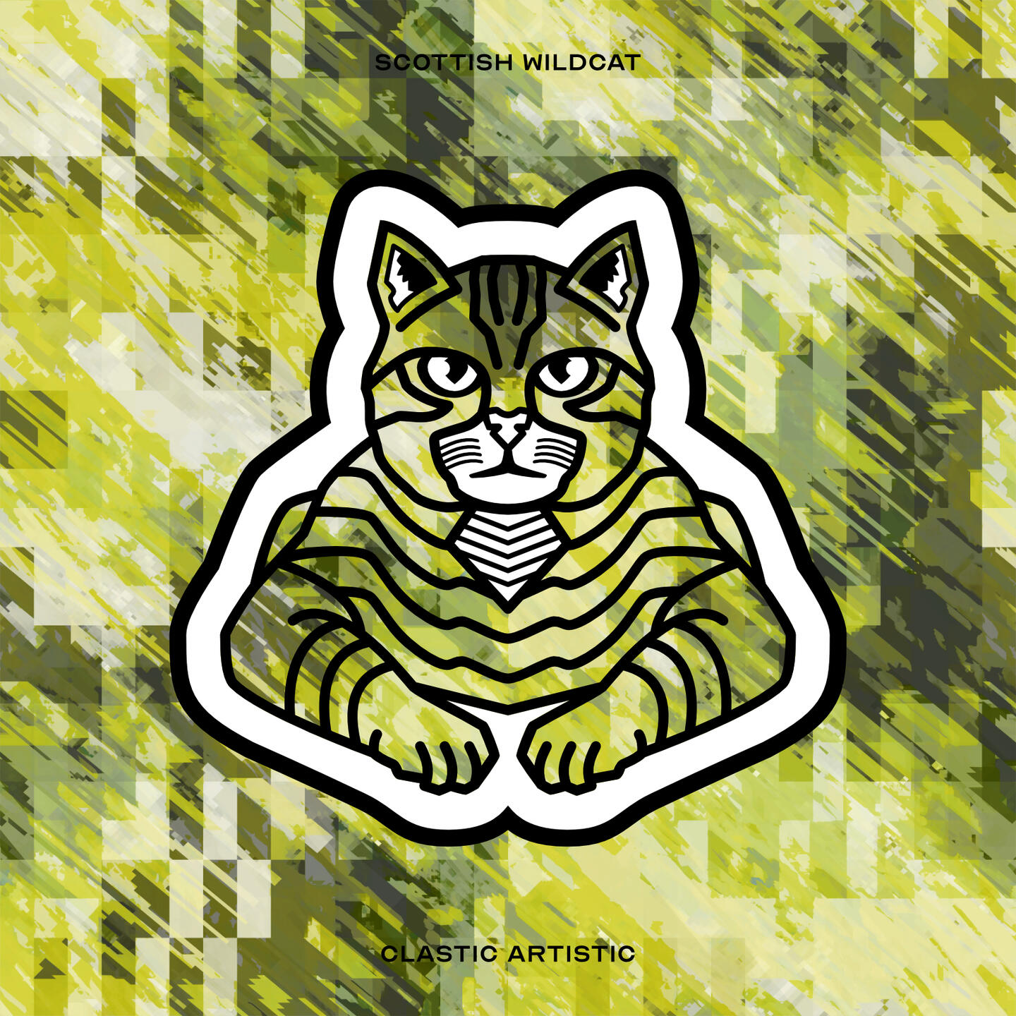 Stylised vector illustration of a Scottish Wildcat (Cat) with a green jagged texture facing towards the viewer