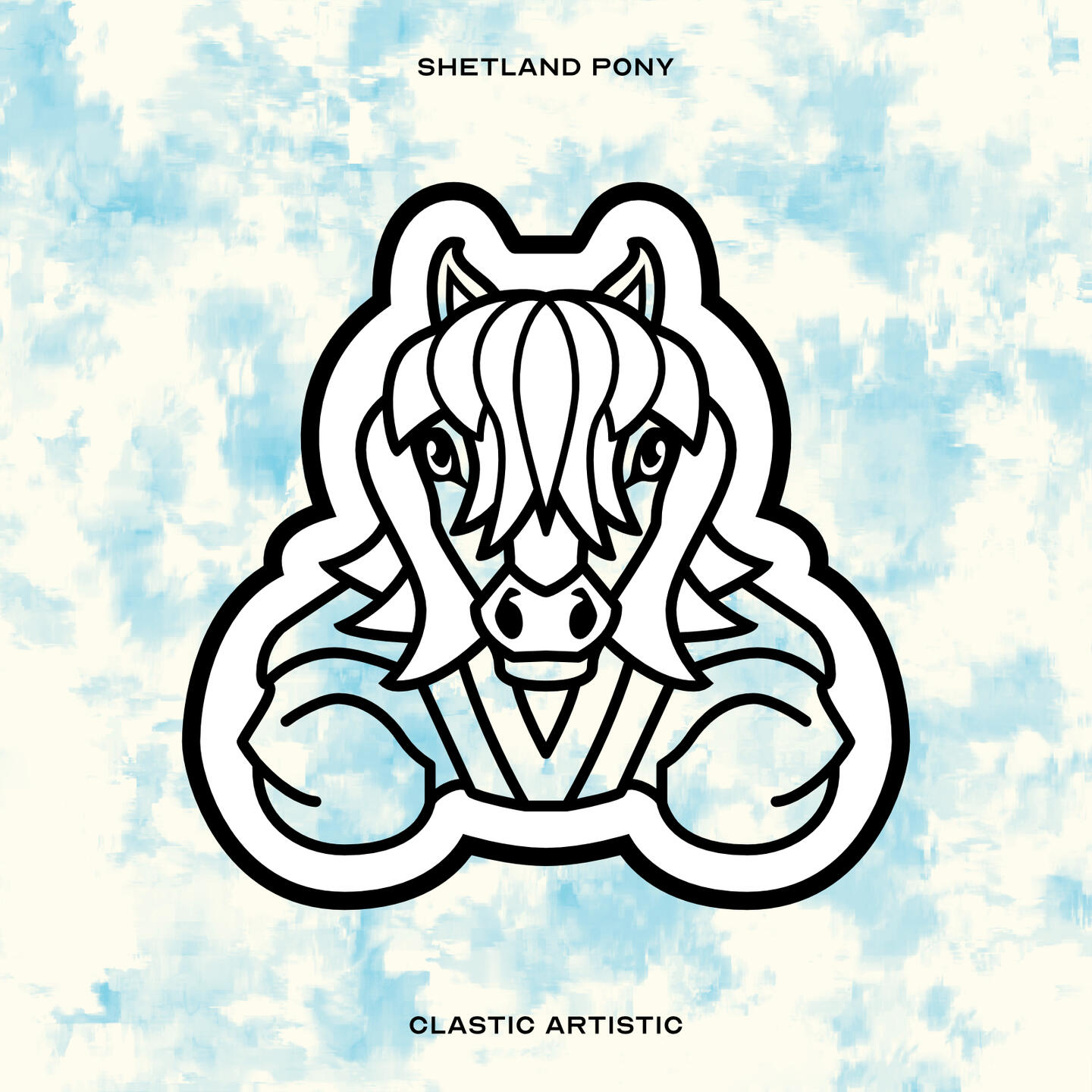 Stylised vector illustration of a Shetland Pony (Horse) with a blue and cream cloud texture facing towards the viewer
