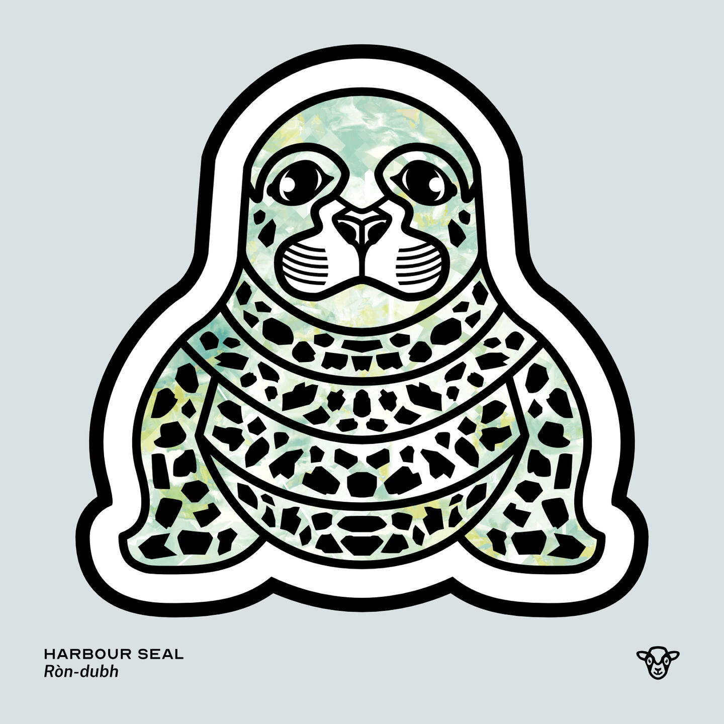 Stylised vector illustration of a Harbour Seal (Pinniped) with a seafoam and white glass texture facing towards the viewer, English text: Harbour Seal, Scottish Gaelic text: Ròn-dubh ©Clastic Artistic