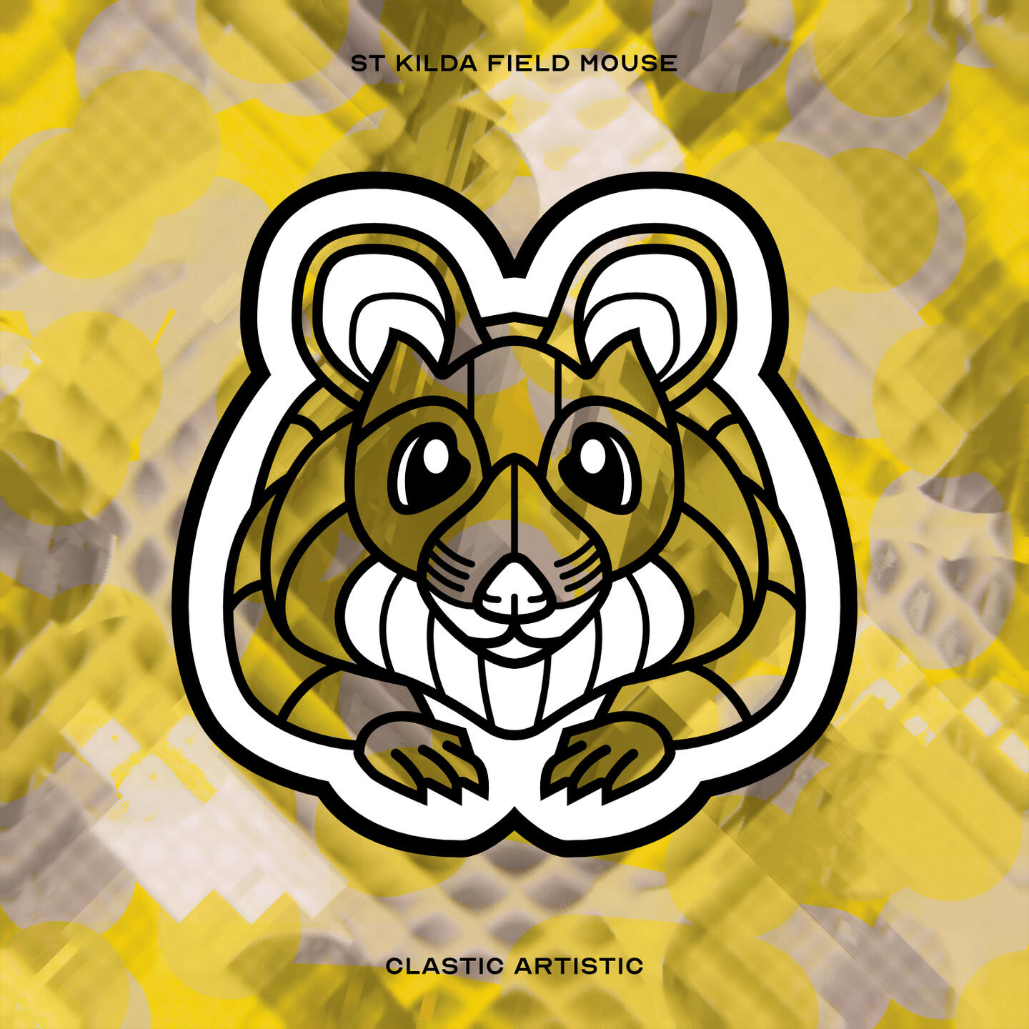 Stylised vector illustration of a St Kilda Field Mouse with a yellow and grey underwater texture facing towards the viewer