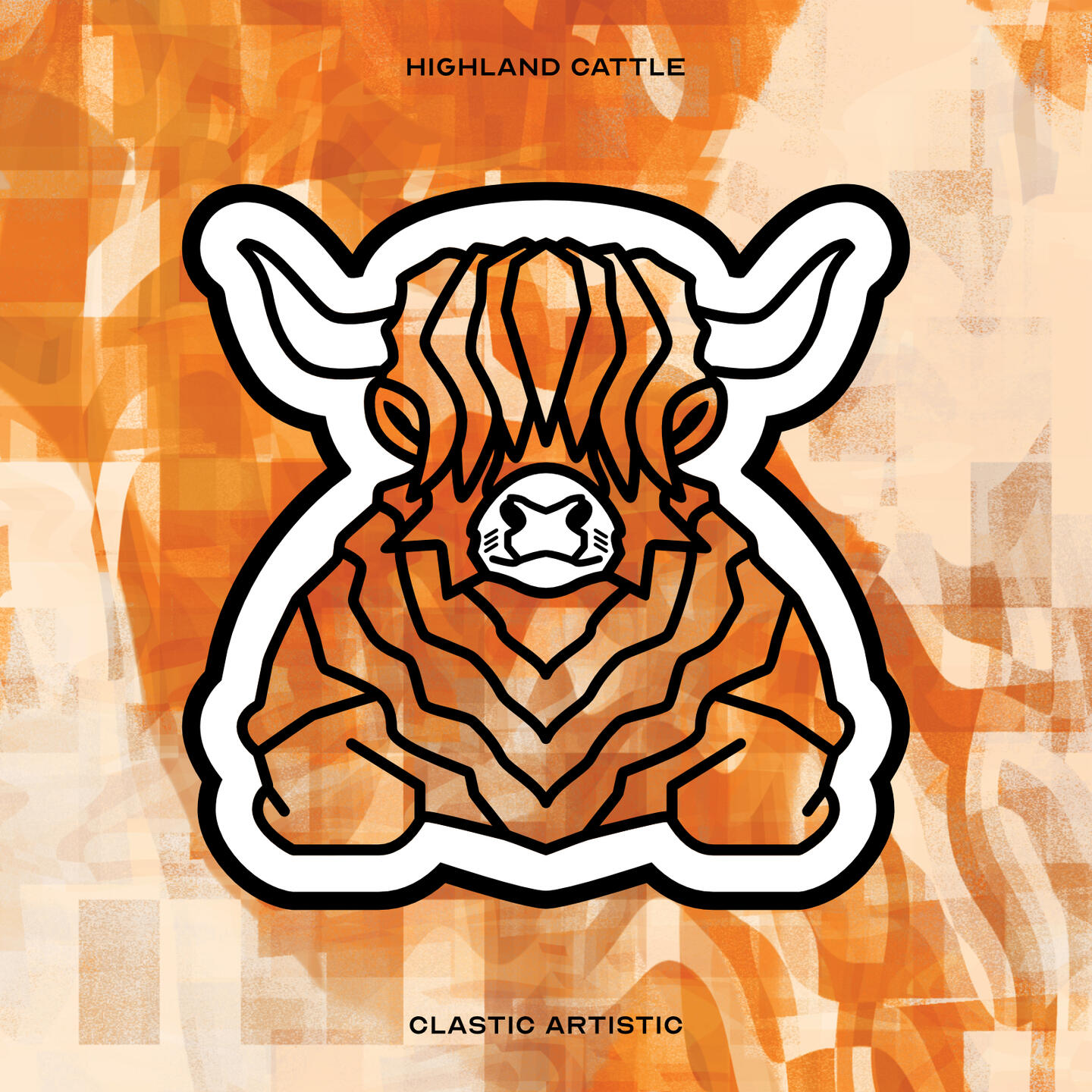Stylised vector illustration of a Highland Cattle (Cow/Bull) with an orange and cream liquid texture facing towards the viewer
