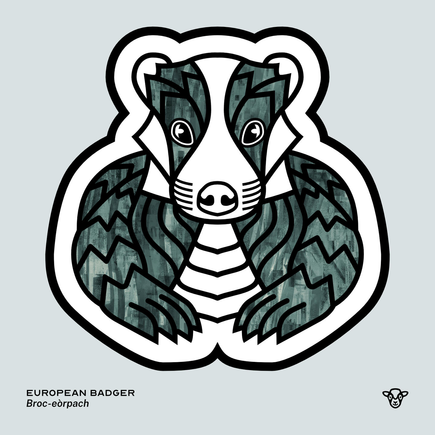 Stylised vector illustration of a European Badger with a dark green wavy texture facing towards the viewer, English text: European Badger, Scottish Gaelic text: Broc-eòrpach ©Clastic Artistic