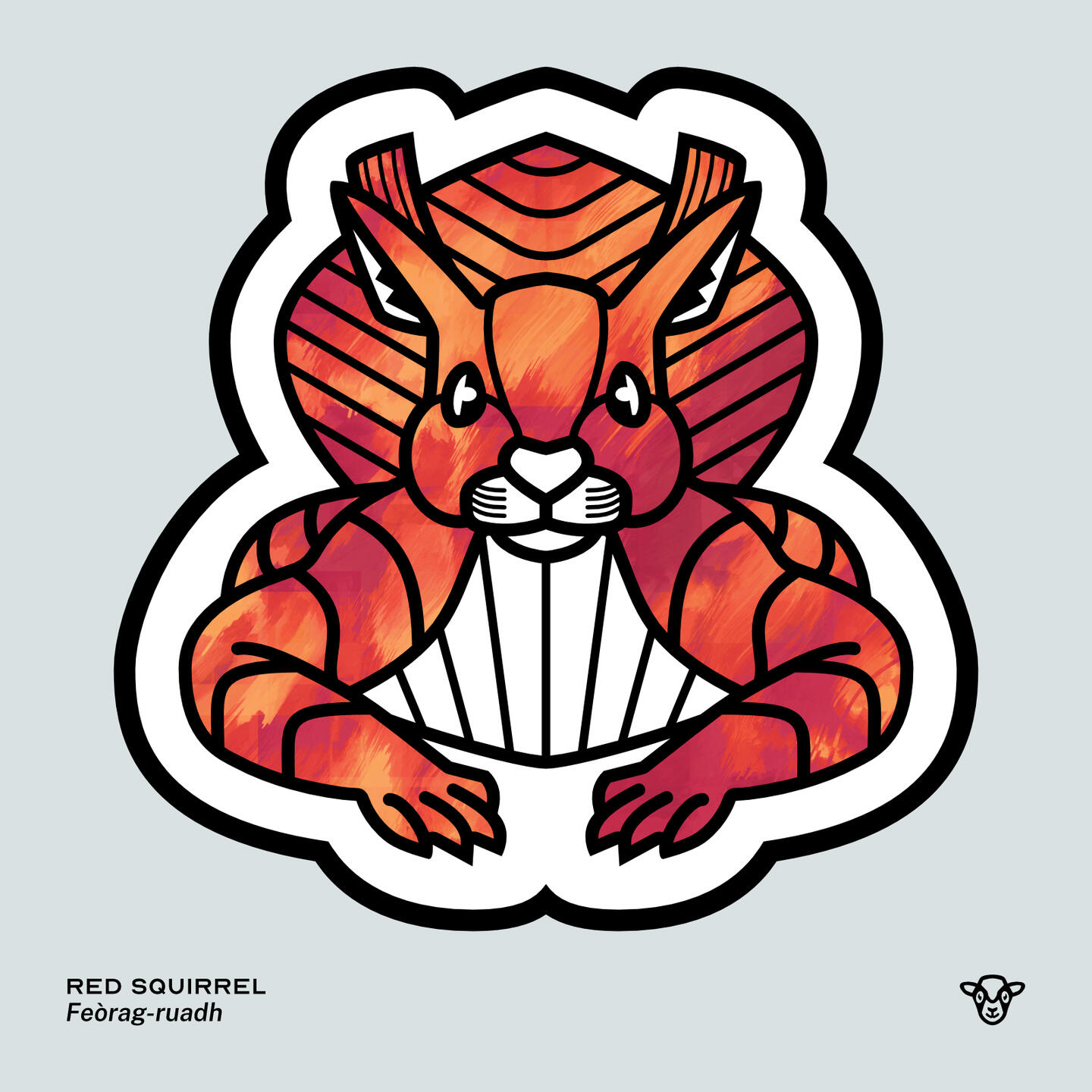 Stylised vector illustration of a Red Squirrel with a red and orange brushed texture facing towards the viewer, English text: Red Squirrel, Scottish Gaelic text: Feòrag-ruadh ©Clastic Artistic