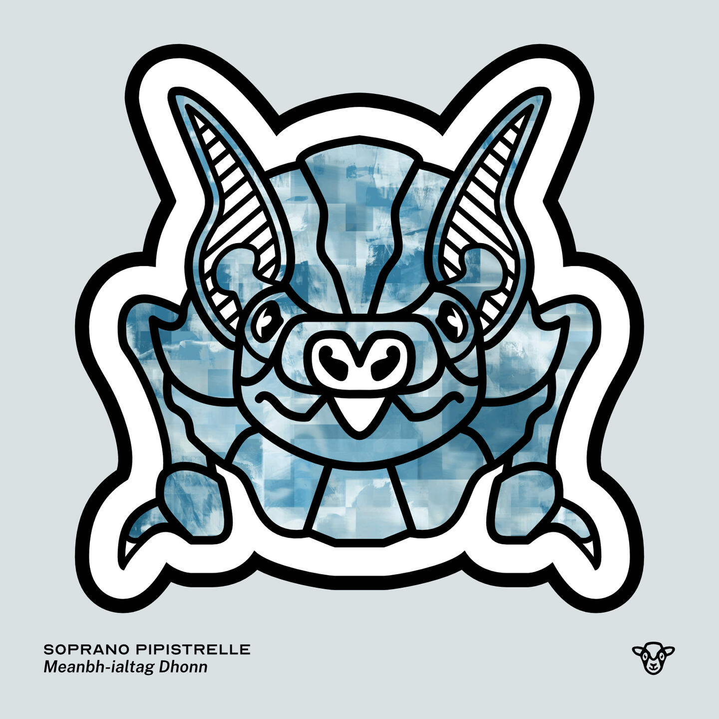 Stylised vector illustration of a Soprano Pipistrelle (Bat) with a blue and grey torn texture facing towards the viewer, English text: Soprano Pipistrelle, Scottish Gaelic text: Meanbh-ialtag Dhonn ©Clastic Artistic